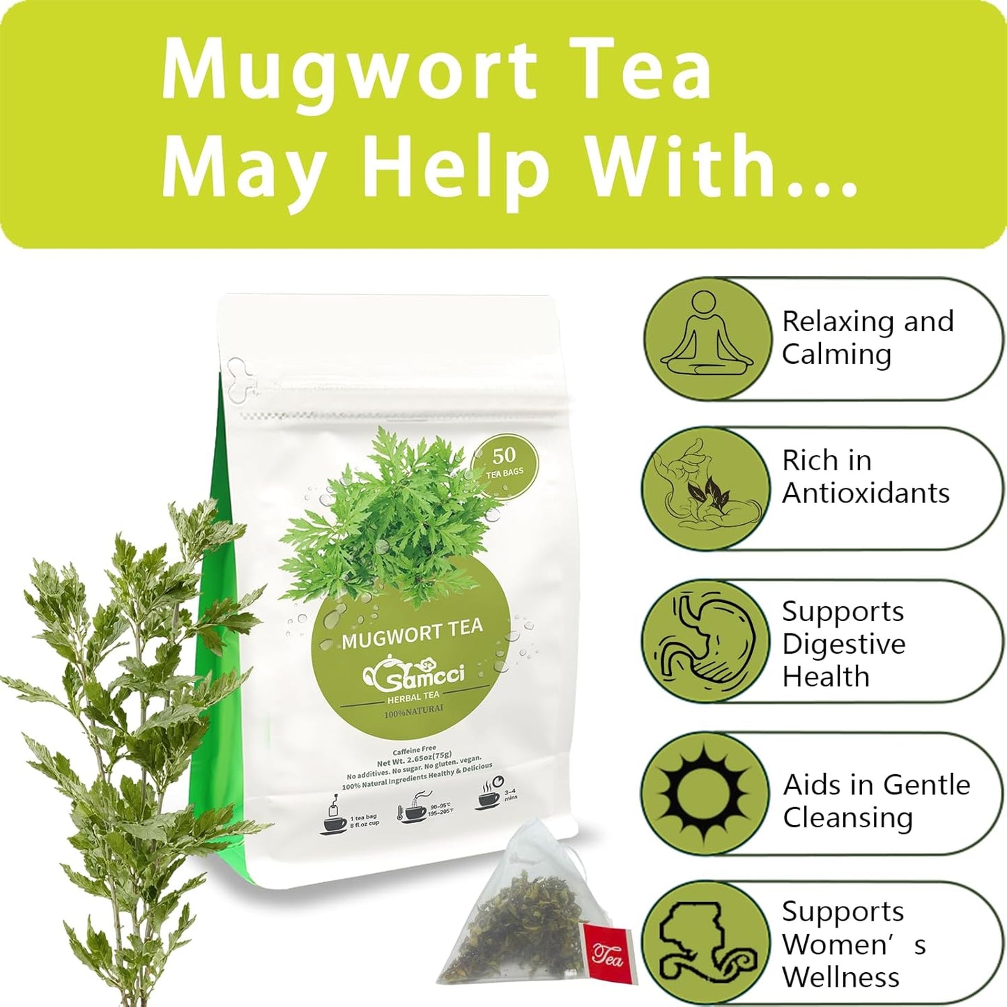 Samcci - Mugwort Tea Bag, 50 Teabags - 100% Natural Dried Mugwort leaves - No Sugar, No Caffeine, No Gluten, Vegan - Rich In Antioxidants