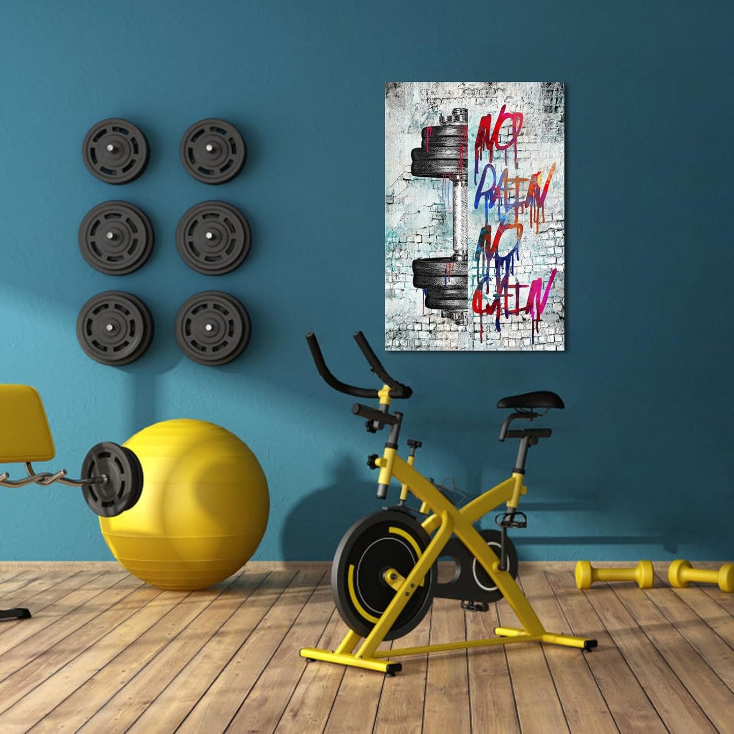 iHAPPYWALL Vintage Inspirational Fitness Quotes Wall Art No Pain No Gain Dumbbells Gym Sport Picture for Home Bodybuilding Room Bedroom Decor Ready to Hang 24x36inch (Grey)