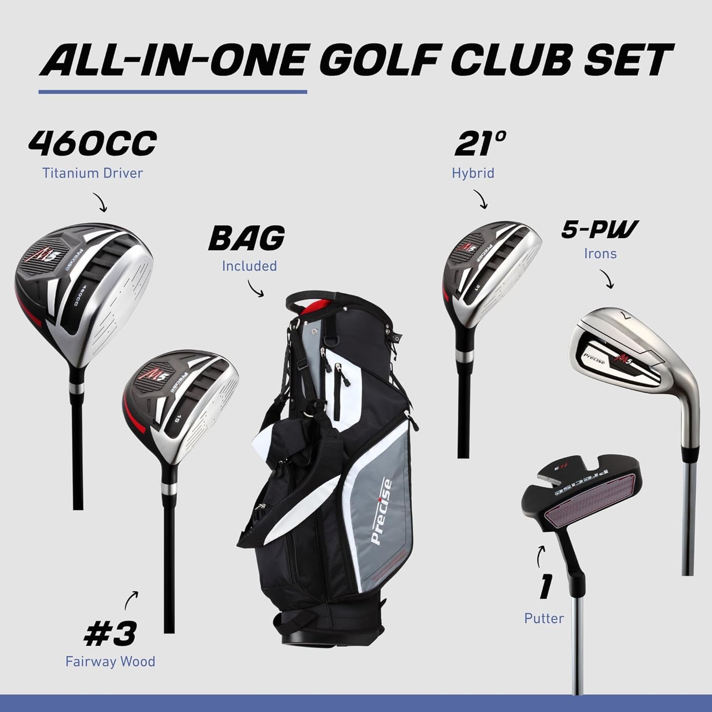 Precise M5 Men's Complete Golf Clubs Package Set Includes Titanium Driver, S.S. Fairway, S.S. Hybrid, S.S. 5-PW Irons, Putter, Stand Bag, 3 H/C's
