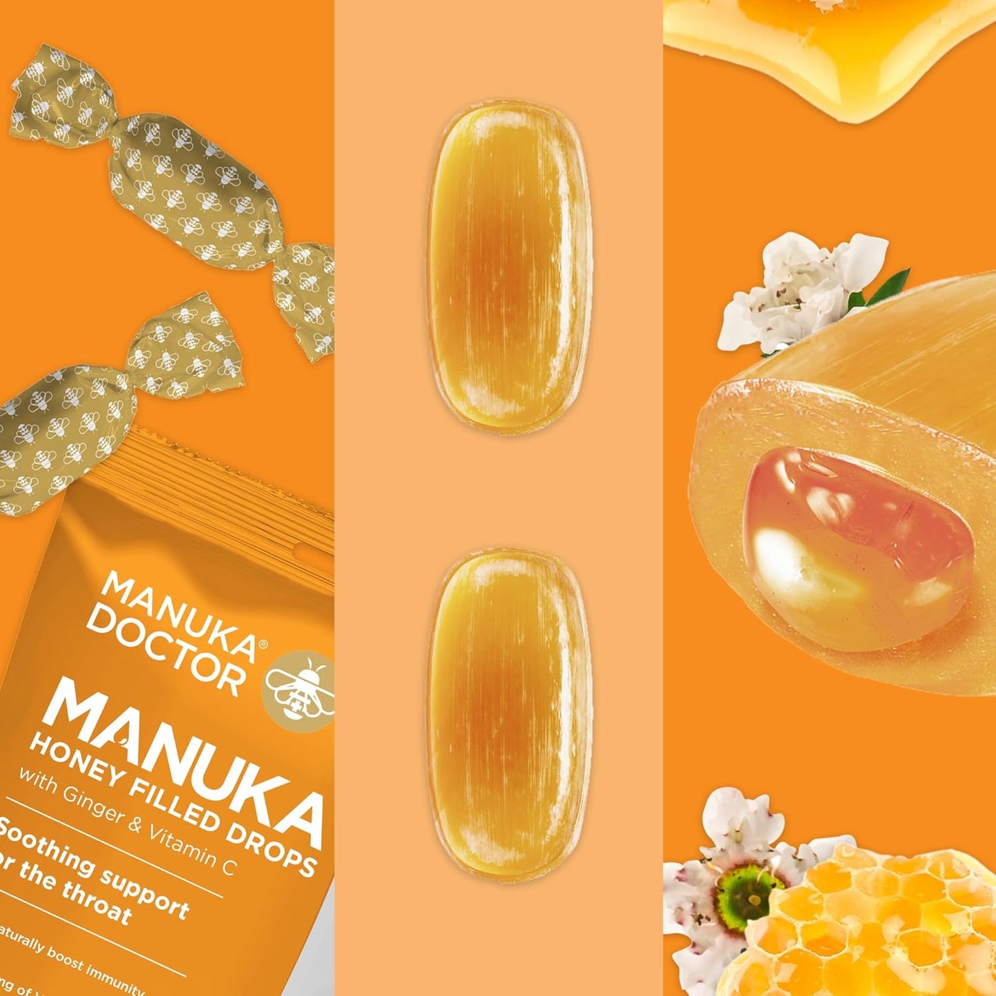 Manuka Doctor Cough Drops, Manuka Middles, 30 Drops (Pack of 1) Bag Throat Lozenges Infused with Raw Manuka Honey, Vitamin C & Ginger for Immune Support, Helps Soothe Sore Throat