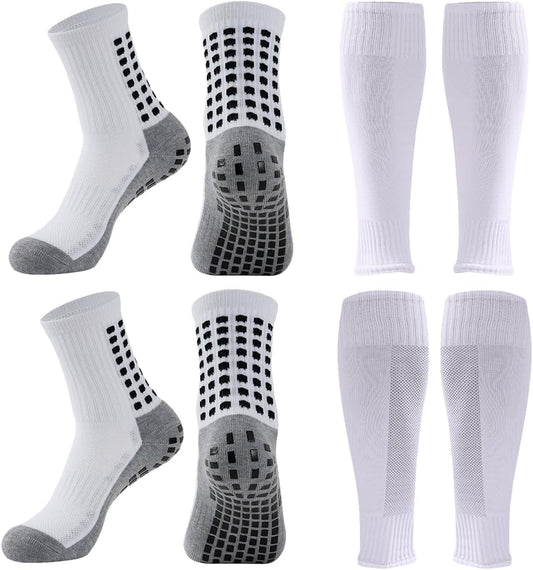 2 Set Anti-Slip Grip Soccer Socks with Shin Guard Sleeves, Sports Athletic Socks for Men Women