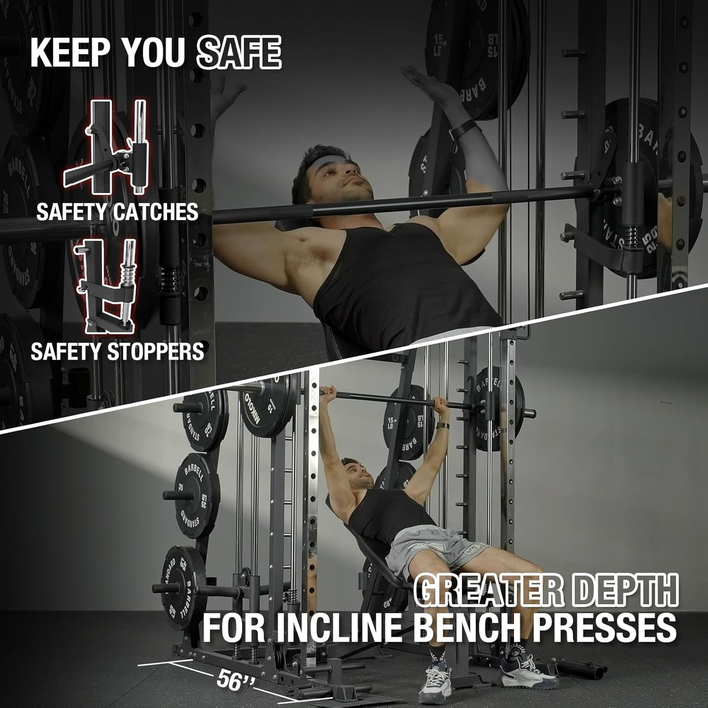 Mikolo Smith Machine, 2200lbs Squat Rack with LAT-Pull Down System & Cable Crossover Machine, Training Equipment with Leg Hold-Down Attachment