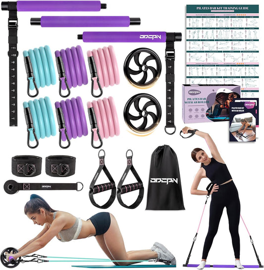Pilates Bar Kit with Resistance Bands, Multifunctinal Exercise Bar with Ab Roller for Pilates/Abs/Weight Loss, Portable Home Gym Pilates bar kit for Full Body Training Women