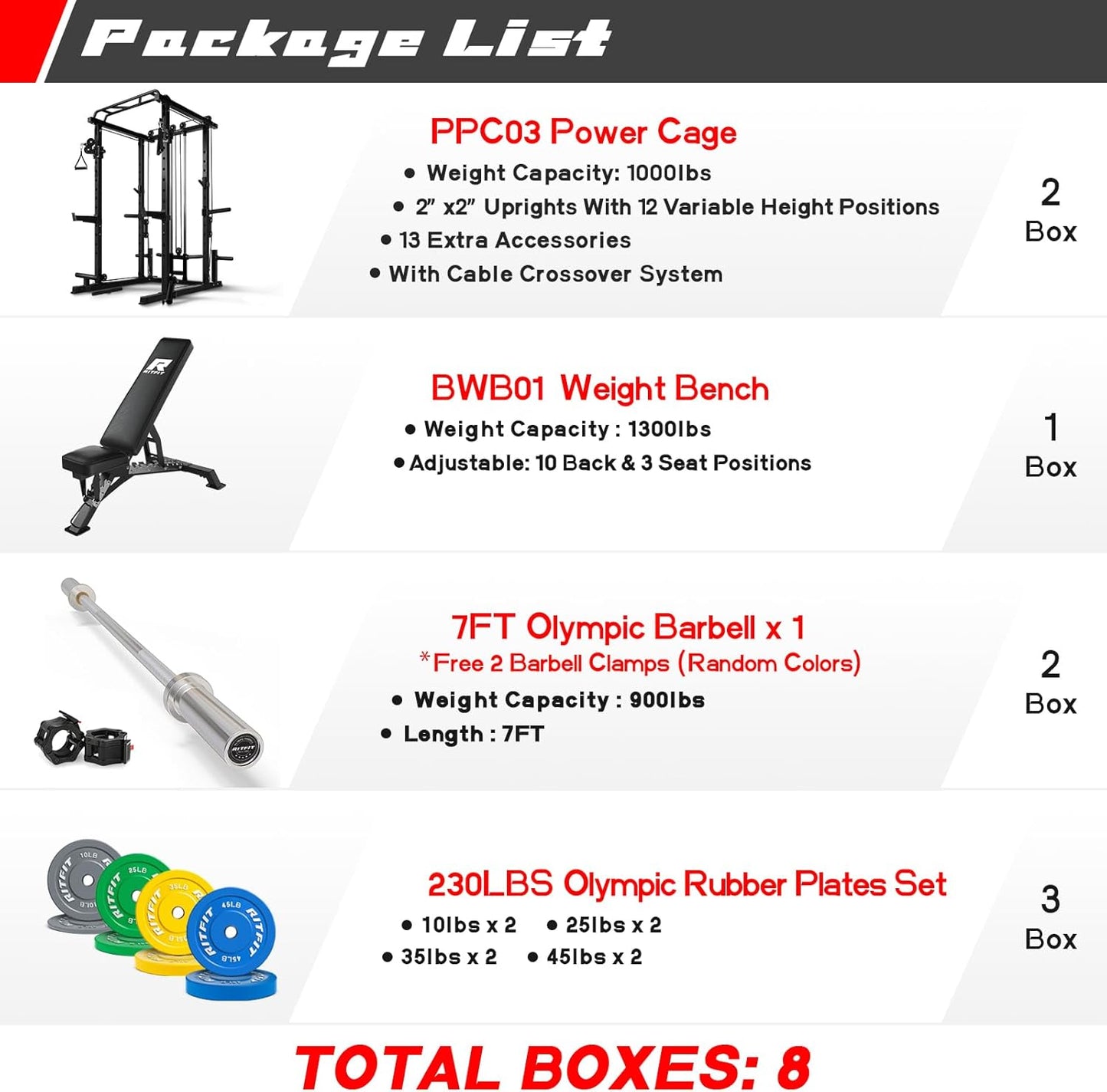 RitFit Multi-Function Squat Rack Power Cage PPC03 with Cable Crossover System, 1000LBS Capacity Power Rack and Packages with Optional Weight Bench, Barbell Weight Set, for Garage Workout & Home Gym