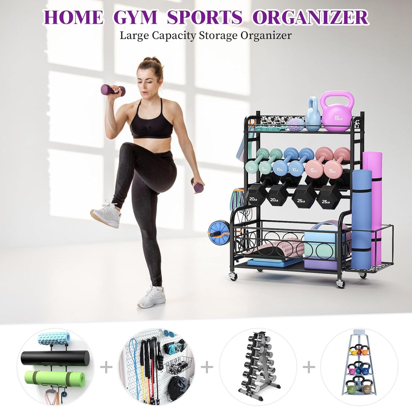Dumbbell Rack, VOPEAK Weight Rack for Home Gym, Home Gym Storage Rack for Yoga Mat Kettlebells and Strength Training Equipment, Weight Storage Rack for Dumbbells with Wheels
