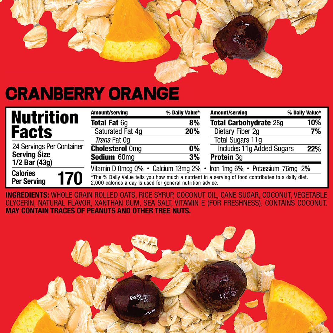 Bobo's Oatmeal Bars, Cranberry Orange, Gluten Free Vegan Whole Grain Oat Bars, Pack of 12