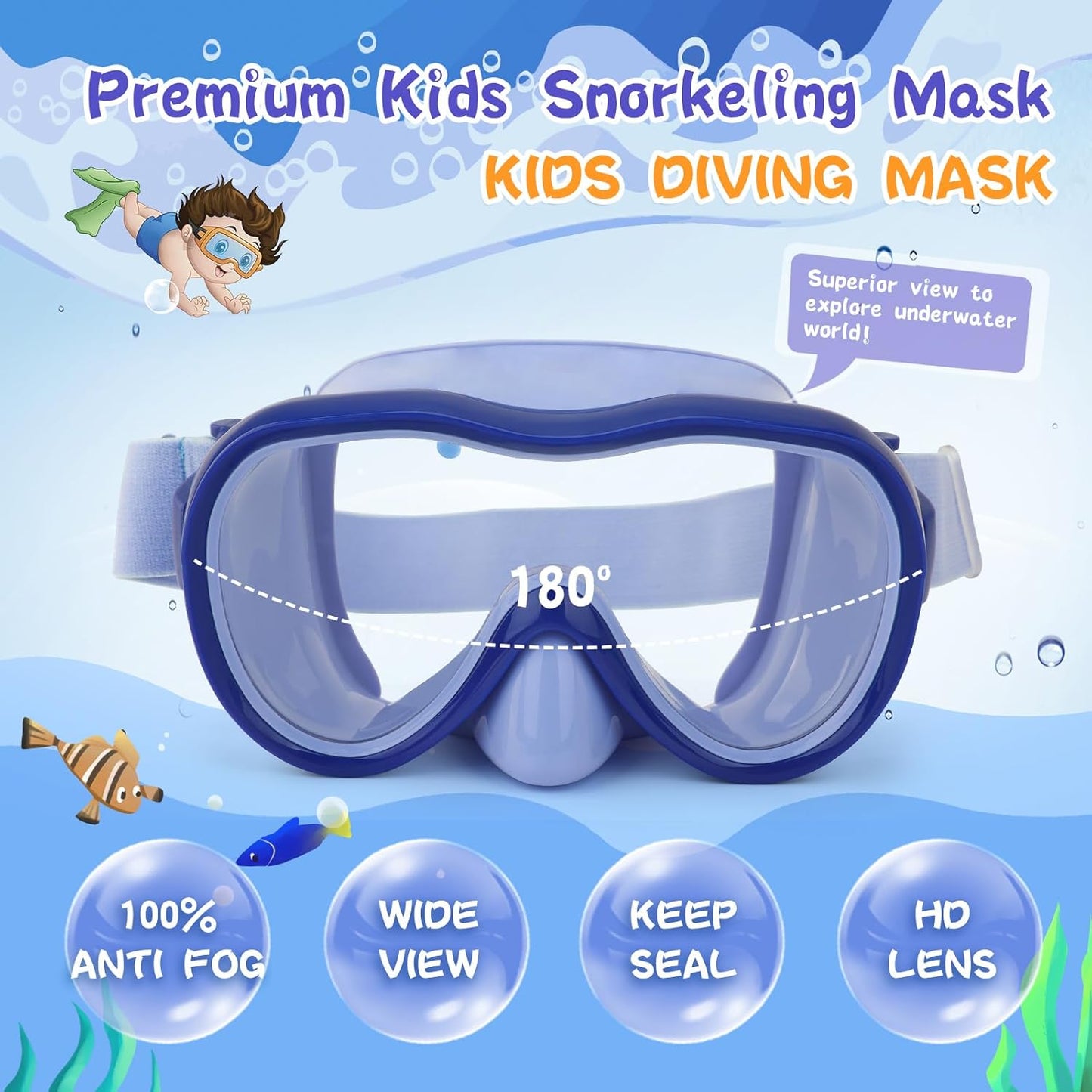 Kids Swim Goggles 180° Snorkel Diving Mask with Nose Cover, Anti-Fog Kids Swimming Goggles with Elastic Fabric Strap for Kids Boys Girls