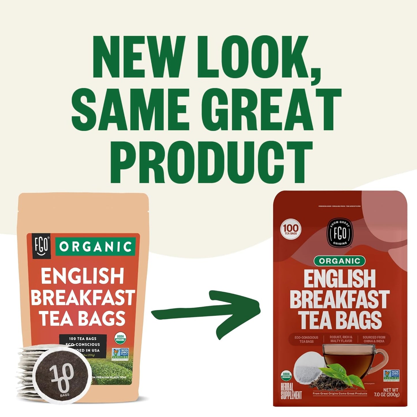 FGO Organic English Breakfast Black Tea, 100 Count, Eco-Conscious Tea Bags, Resealable Bag, Packaging May Vary (Pack of 1)