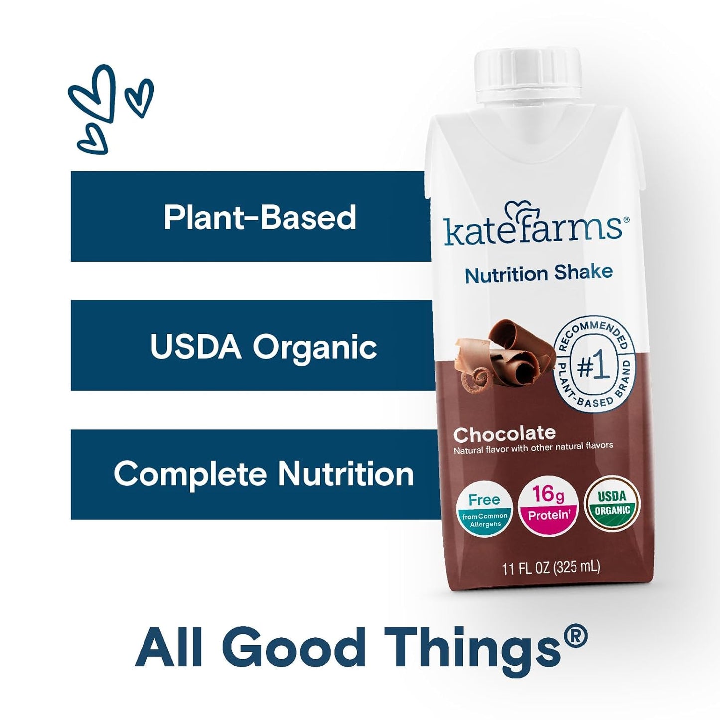 KATE FARMS Organic Nutrition Shake, Chocolate, 16g protein, 27 Vitamins and Minerals, Protein Meal Replacement Drink, Plant Based, 11 oz (6 Pack)