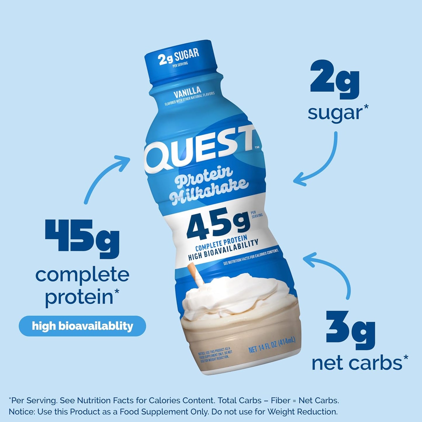 Quest Nutrition Vanilla Protein Shake, 45g Protein, 2g Sugar, 3g Net Carbs, Ready to Drink, Gluten Free, 4 Count