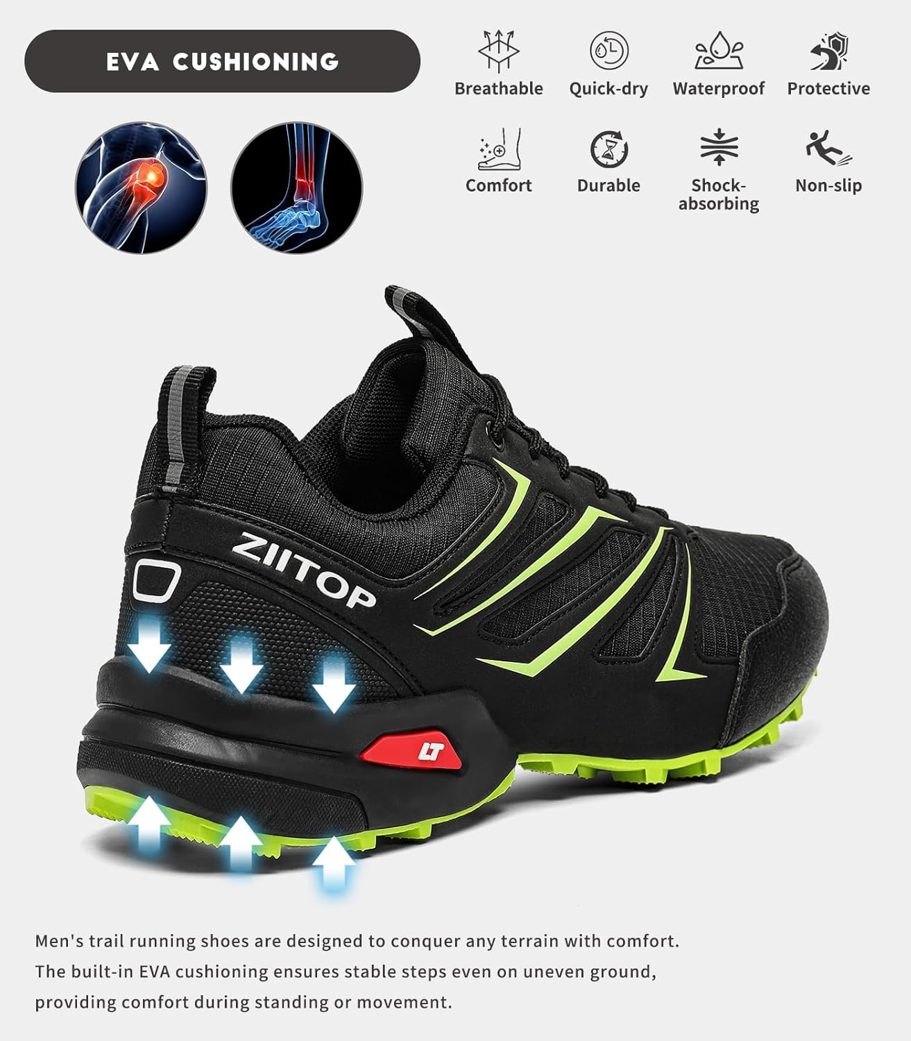 Mens Trail Running Shoes Waterproof Non-Slip Hiking Walking Sneakers for Outdoor Trailing Trekking Camping Quest Black