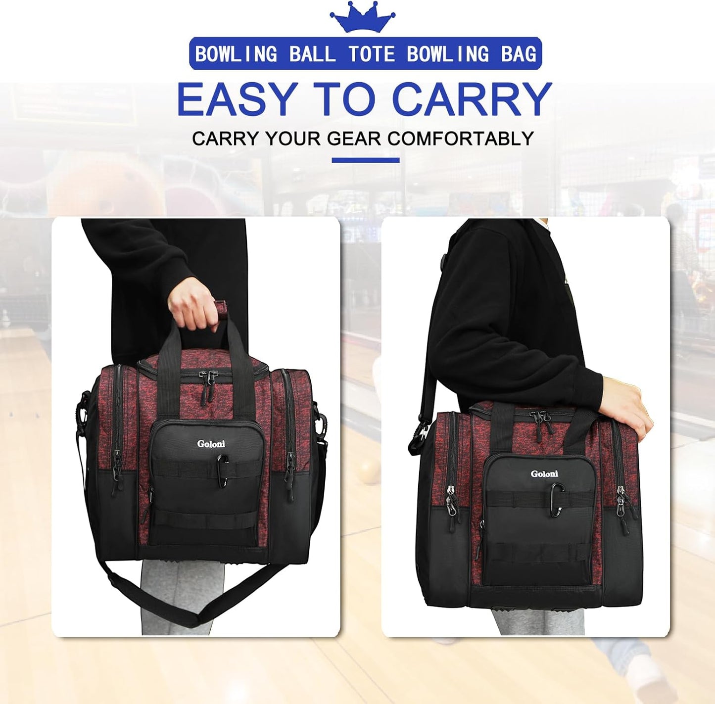 Goloni Bowling Ball Bag for Singer Ball with Padded Ball Holder, 2 Pockets fit Bowling Shoes Up to Mens Size 14 and Accessories