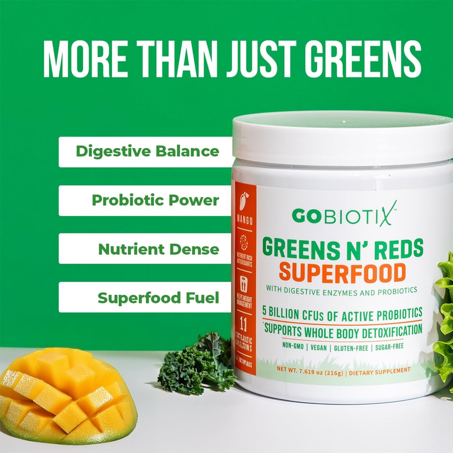 GOBIOTIX Super Greens and Reds Powder - Red and Green Superfood - Probiotic Supplement - Digestive Enzymes and Beet Root Powder - Organic Whole Foods Dietary Supplement (Mango, 3 Pack)