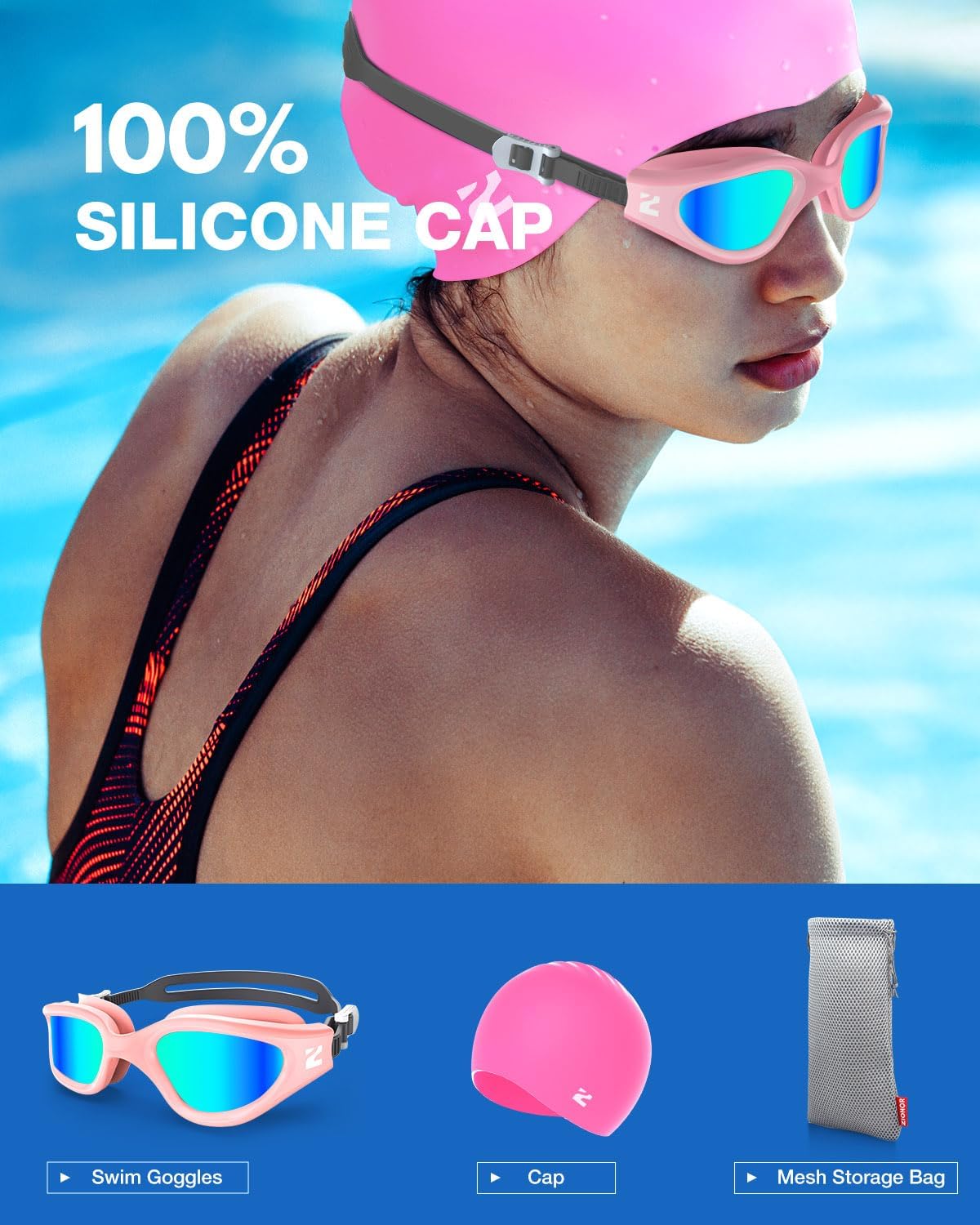 ZIONOR G1 Lite Swim Goggles with Swim Cap Comfortable Anti-fog Swimming Goggles Cap Set for Adult Men Women