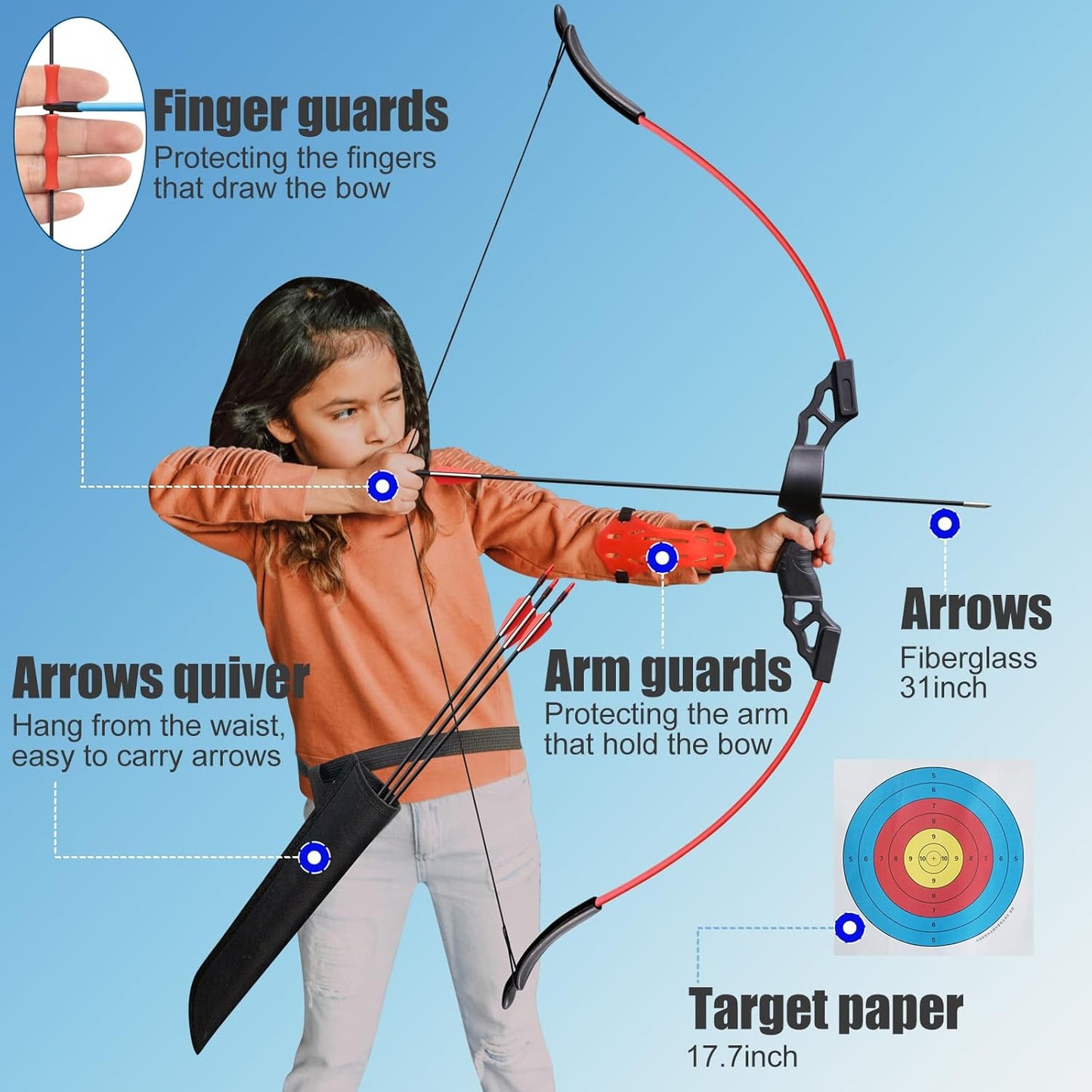 45" Youth Archery Bow and Arrows Sets for Teen 12+Years Gift Toy, Recurve Bow for Beginner Outdoor Sports for Backyard Games & Training, 6-Piece Take-Down Bow Kit
