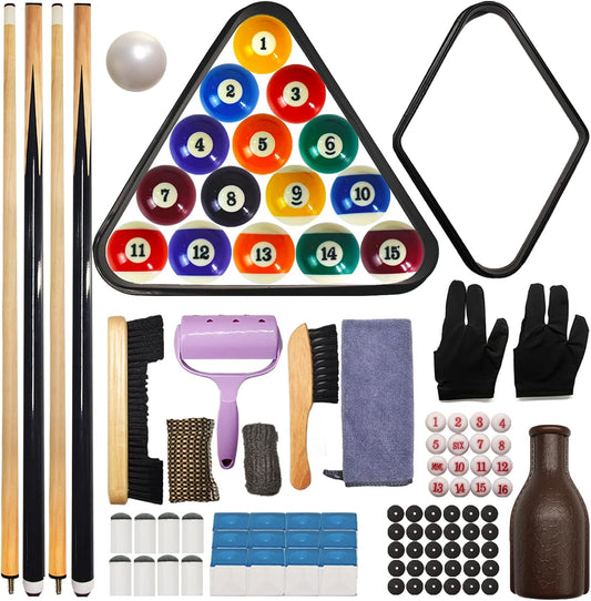 95pcs Pool Table Accessories Set - Balls, Triangle, Rack, Cue, Chalk, Tips, Stickers, Cloth, Brush & Cleaner Set