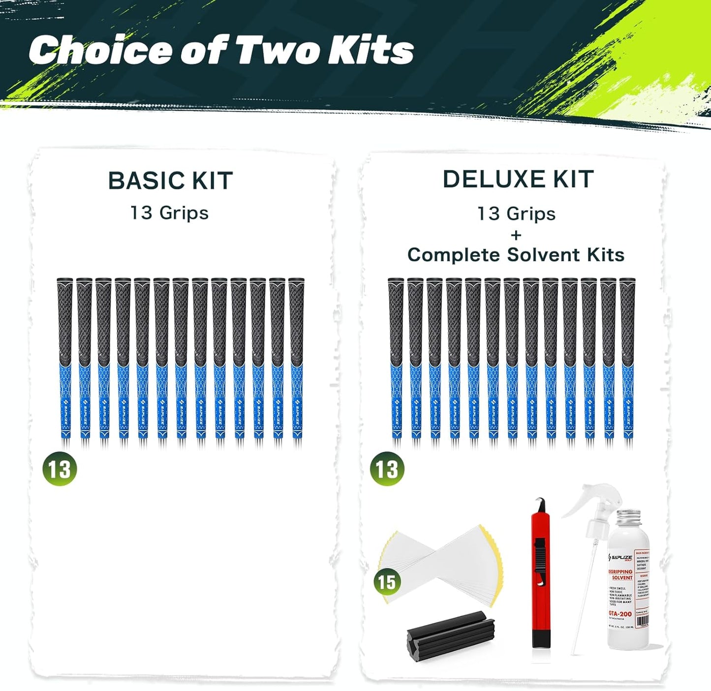 SAPLIZE Hybrid Golf Grips (CL07) - Set of 13, Innovative Design, Cross Corded Rubber Technology, Options of 8 Colors, Standard/Midsize, Basic/Deluxe Kit for Choice, Multicompound Golf Club Grips