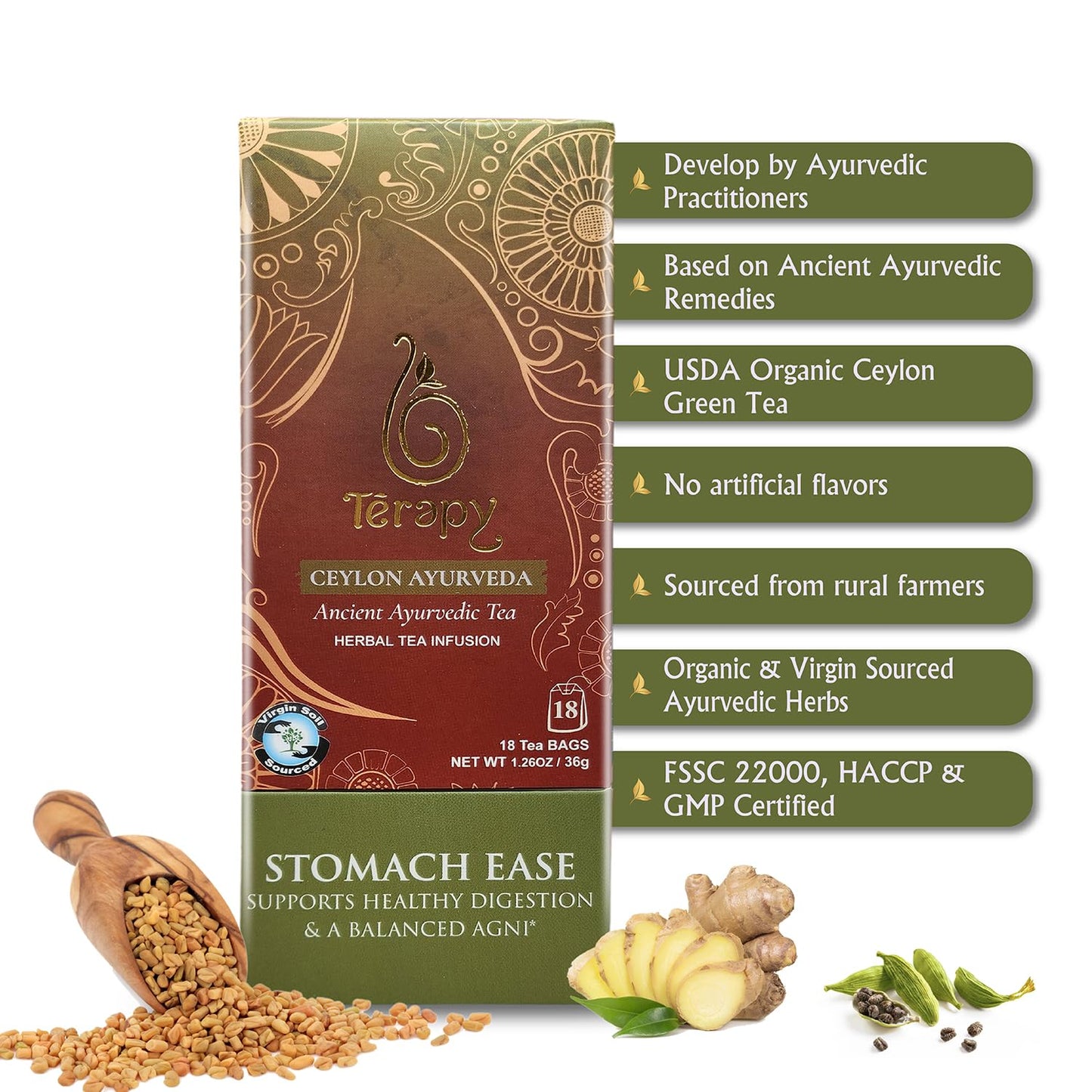 Térapy Ceylon Stomach Ease Herbal Tea Bags | Soothes Stomach & Supports Healthy Digestion | All Natural Ayurvedic Ingredients Including Peppermint, Ginger, Licorice | 18 Individually Wrapped Tea Bags