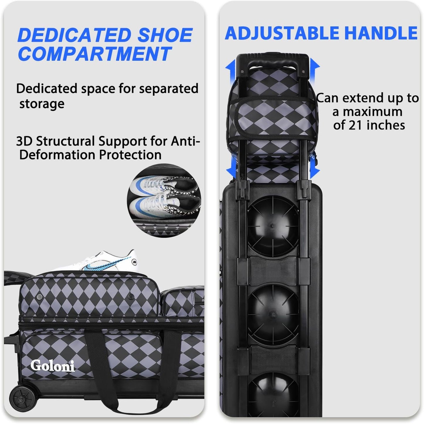 4 Ball Bowling Bags with Wheels,3 Ball Bowling Bag + 1 Ball Tote,Separate Shoe Compartment for Shoes (Up To US Men Size 16)