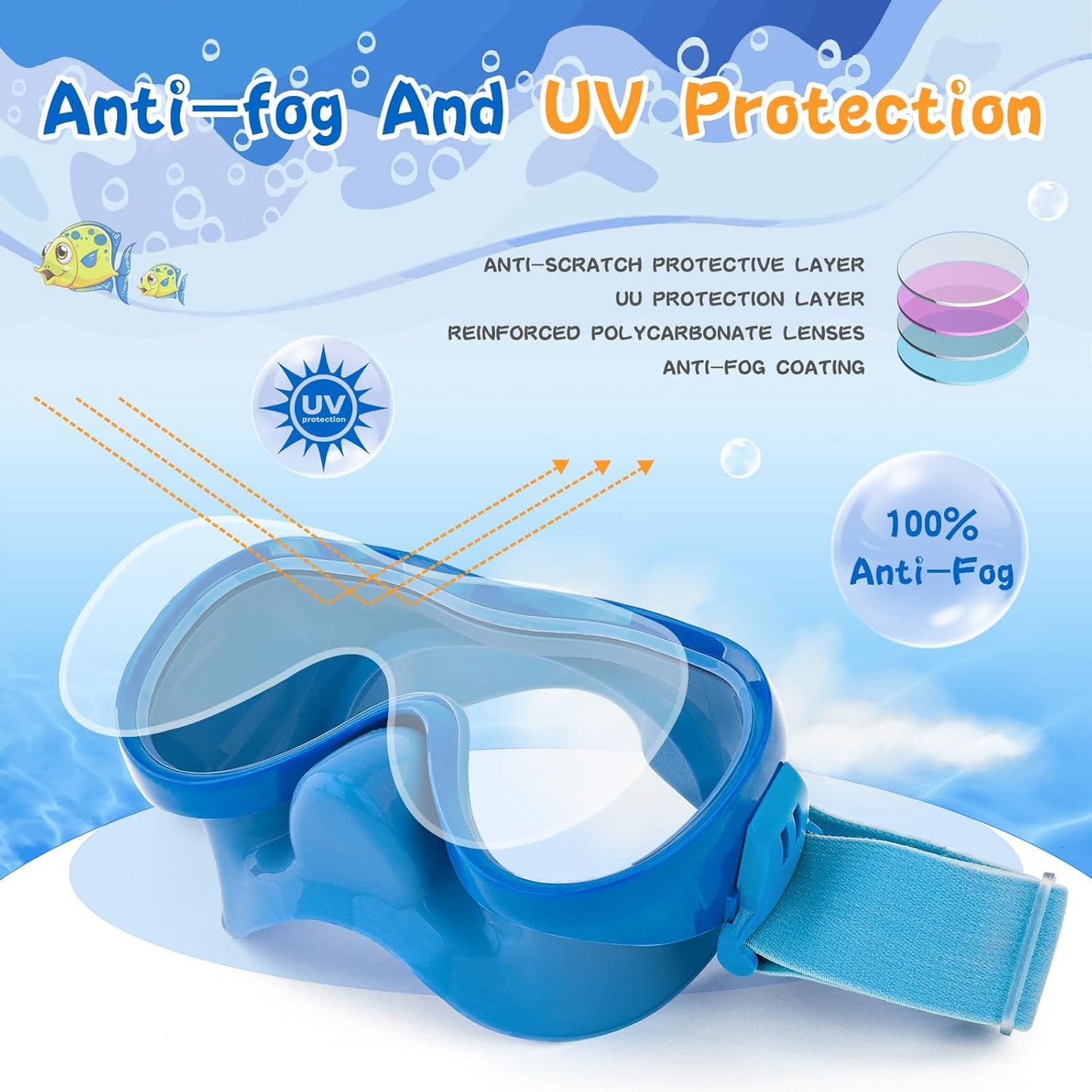 Kids Swim Goggles with Nose Cover, Anti-Leak Swim Mask with Elastic Fabric Strap, UV Protection Swimming Goggles for Kids