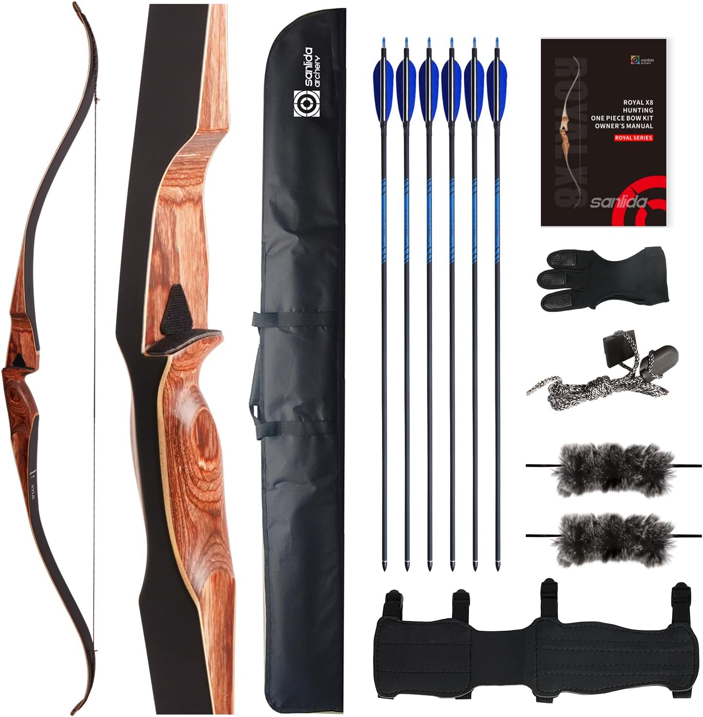Sanlida Archery 60" Royal X8 One-Piece Bow Traditional Wooden Hunting Longbow Handmade Hunting Bow and Arrows Kit for Adults & Traditional Archers, RH Only