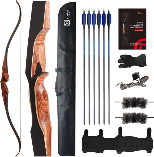 Sanlida Archery 60" Royal X8 One-Piece Bow Traditional Wooden Hunting Longbow Handmade Hunting Bow and Arrows Kit for Adults & Traditional Archers, RH Only