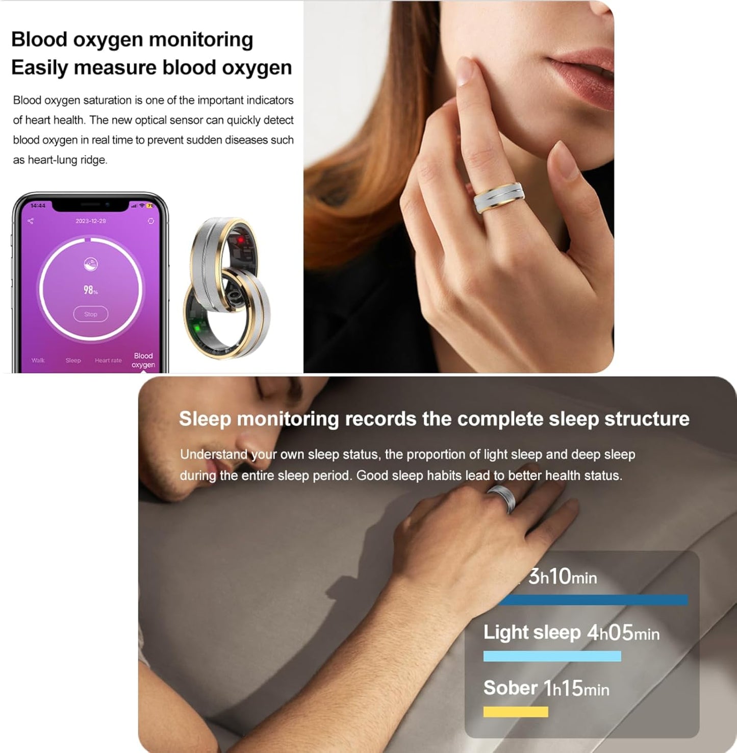 Smart Ring Health Tracker - Fitness Sleep Heart Rate Blood Oxygen Tracker Smart Ring for Men and Women,IP68 Waterproof Level Bluetooth Fitness Tracker Rings - Free APP