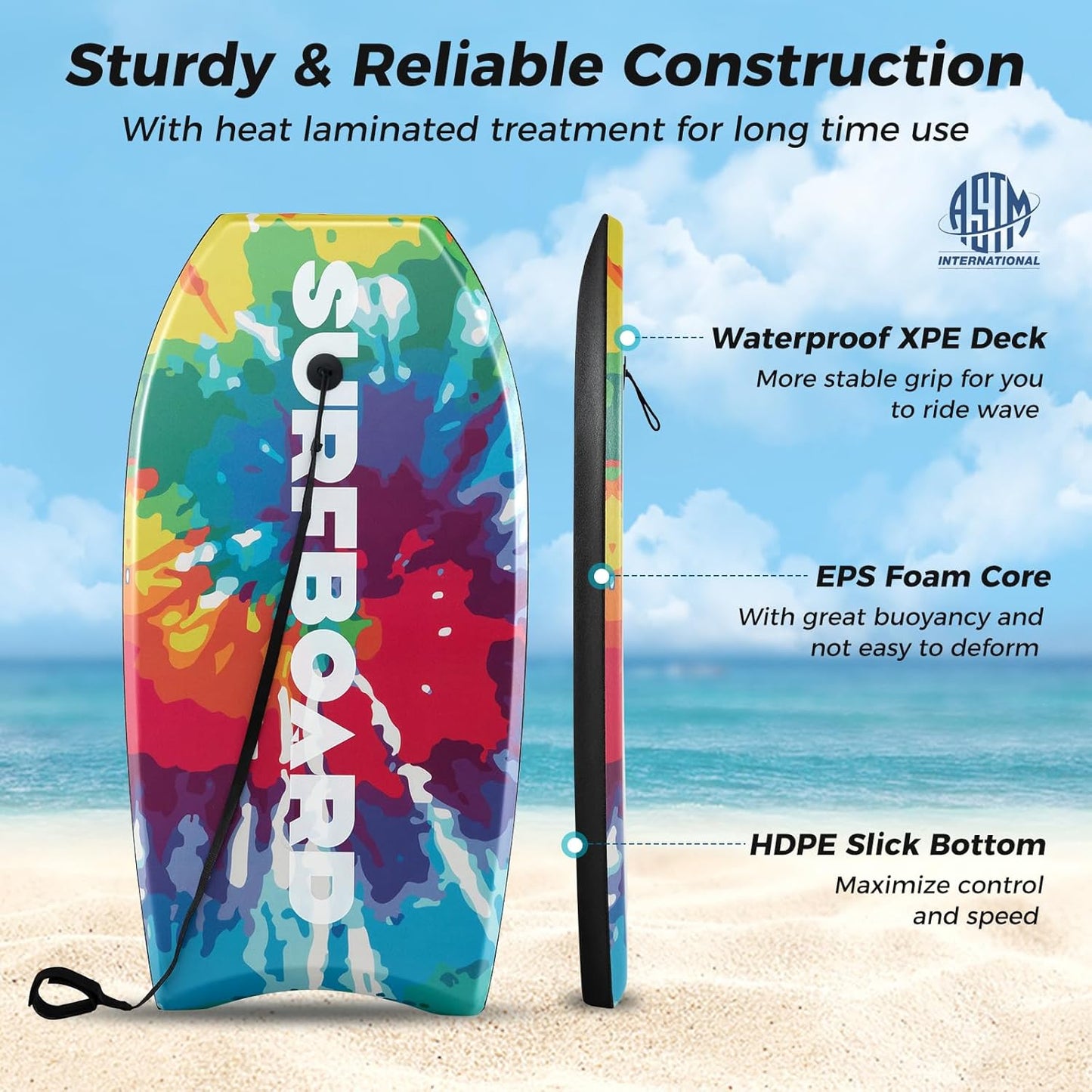 KOTEK 33/37/41 Inch Body Board with Wrist Leash, EPS Core, Dual Channel, HDPE Slick Bottom, Bodyboard for All Skill Levels & Wave Conditions