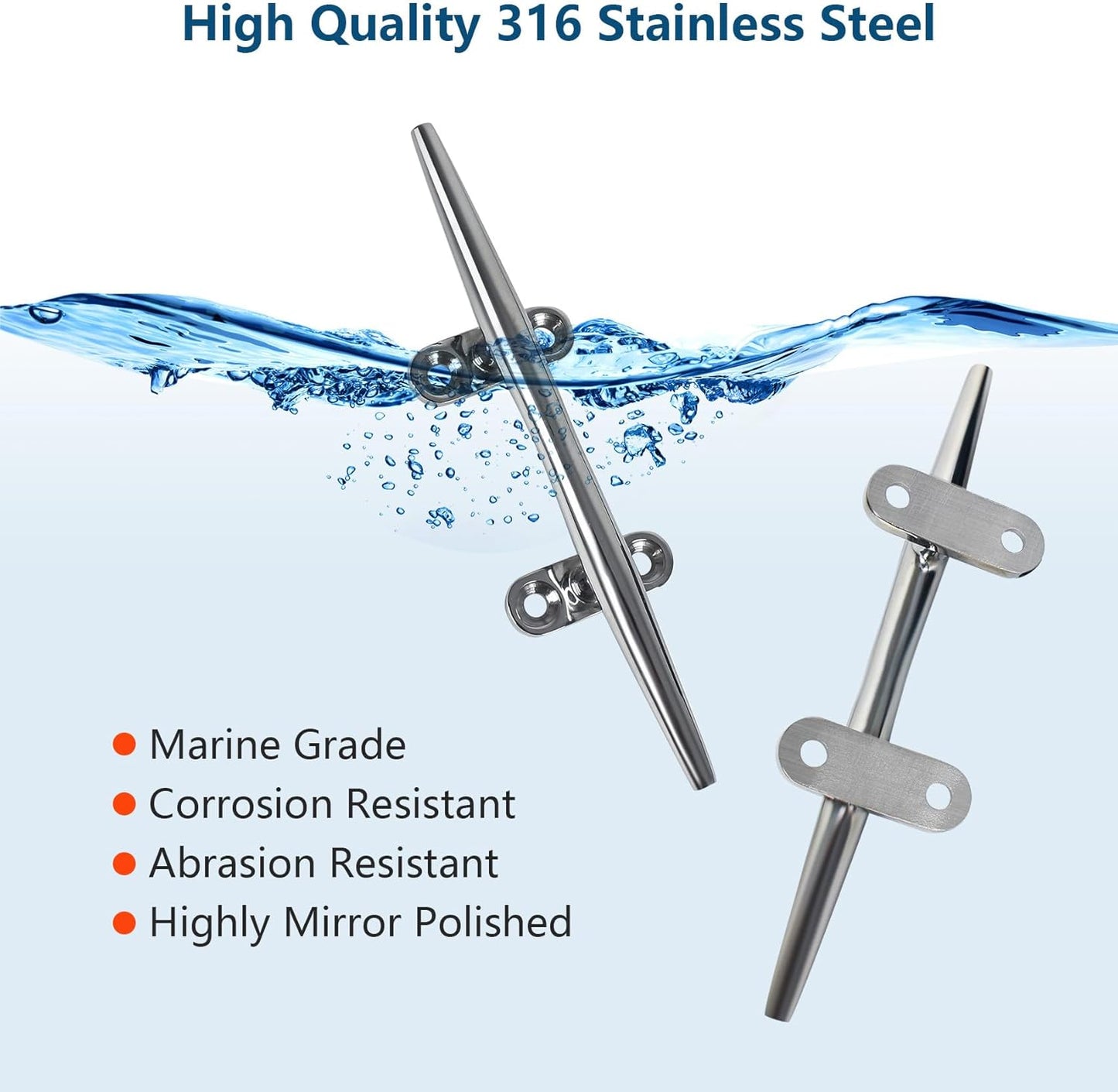 Boat Cleat 6 Inch 316 Stainless Steel, Dock Cleat 8 Inch Heavy Duty Open Base Include Screws, Boat Dock Cleats 10 Inch with Backing Plate for Boats, Kayak, Marine, Deck and Decor(2,4,6 Pack)