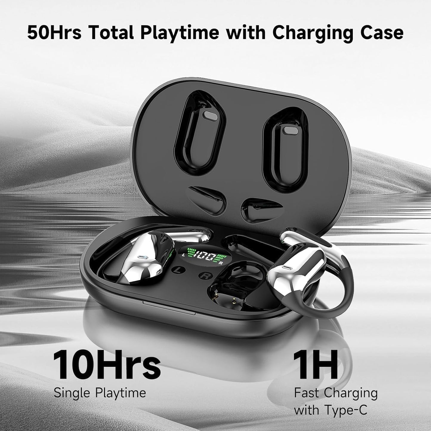 Open Ear Clip Wireless Earbuds Bone Conduction Headphones, Bluetooth 5.4, Open Ear Design for Running Fitness,office，Built-in Mic, IPX7 Waterproof, LED Display Charging Case,Ear Hooks Ear Buds