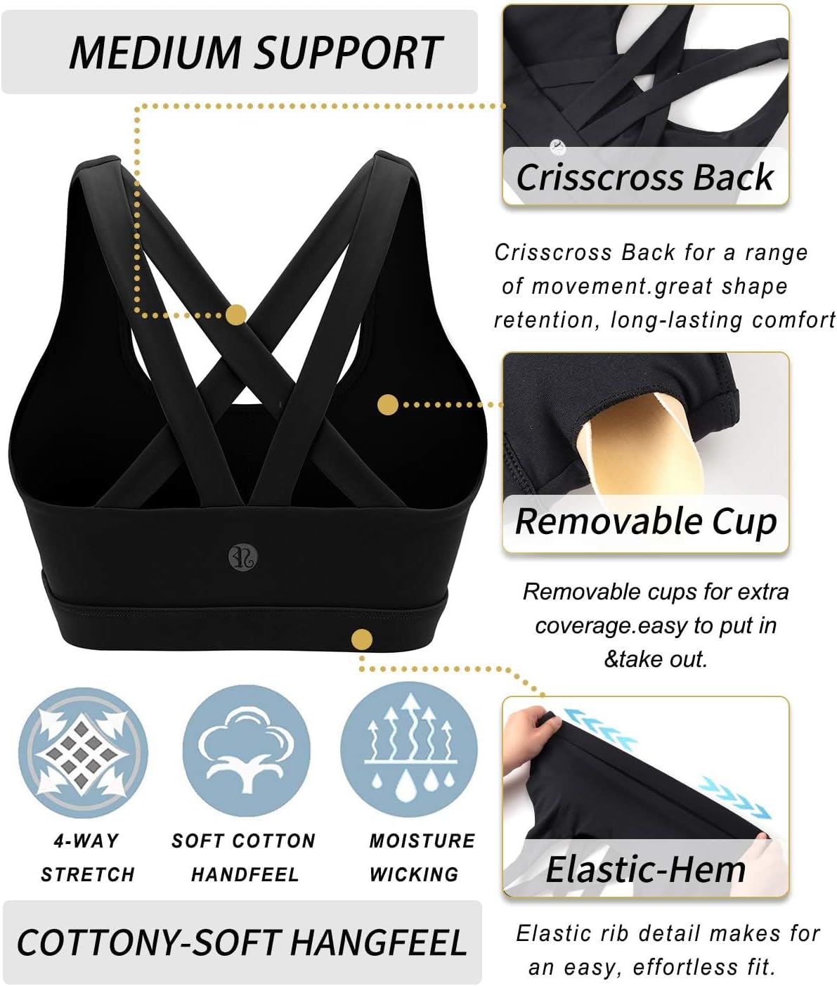 RUNNING GIRL Sports Bra for Women, Criss-Cross Back Padded Strappy Sports Bras Medium Support Yoga Bra with Removable Cups