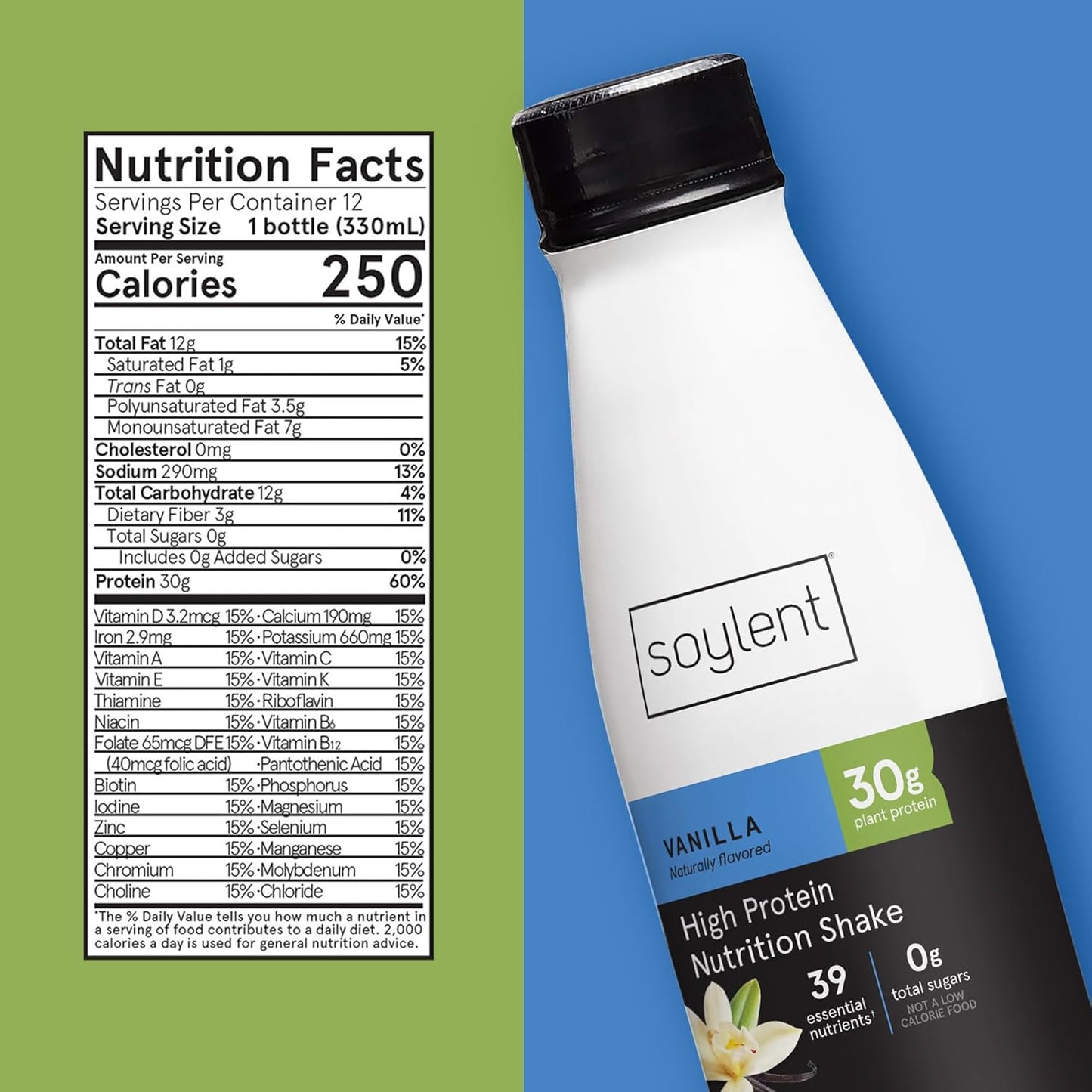 Soylent Vanilla High Protein Shake, 30g Complete Protein, Vegan, Dairy Free and 0g Sugar, Ready to Drink Protein Drinks, 11 Oz, 24 Pack