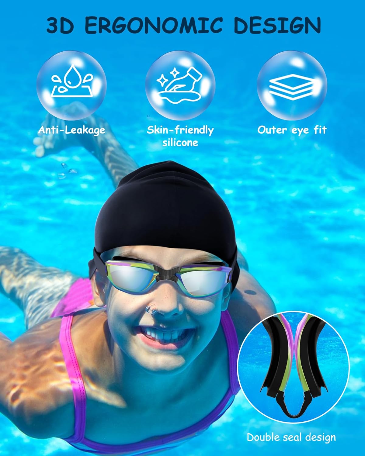 Kids Swim Goggles, Swimming Goggles for Kids Toddlers 3-14 with Swim Cap, Nose Clip, Nose Bridge, Ear Plugs