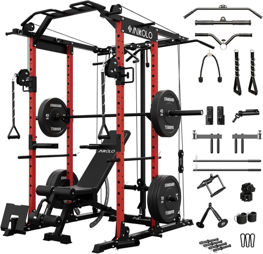 Mikolo Power Cage, Power Rack with Cable Crossover System, 1500LBS Squat Rack with LAT Pull Down System, Workout Cage with Pulley System for Fitness Home Gym