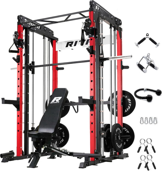 RitFit M1 & M1 Pro Smith Machine with Cable Crossover System, Multi-Function Squat Rack Power Cage for Home Gym, Power Rack and Packages