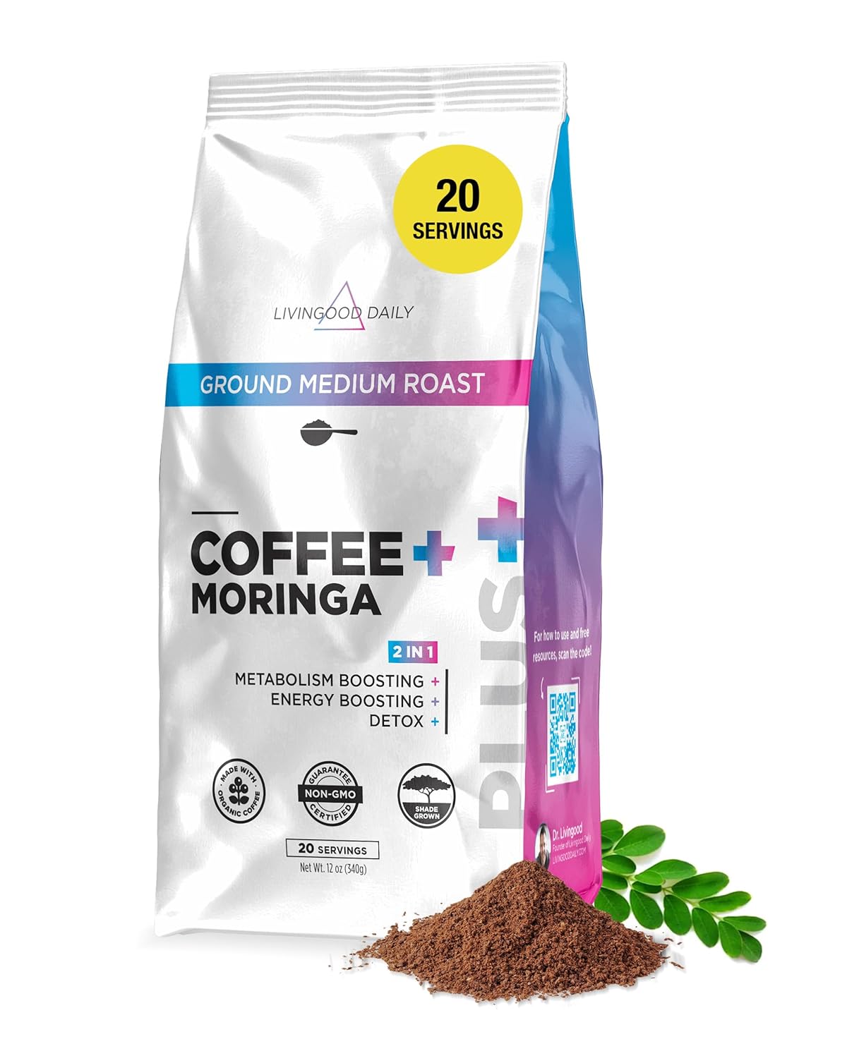 Livingood Daily Coffee with Moringa, Ground Medium Roast Coffee with Plant Based Ingredients for Morning Energy, Made with Moringa Powder, Organic, Non GMO, Vegan, Gluten Free, 20 Servings, 12 oz Bag