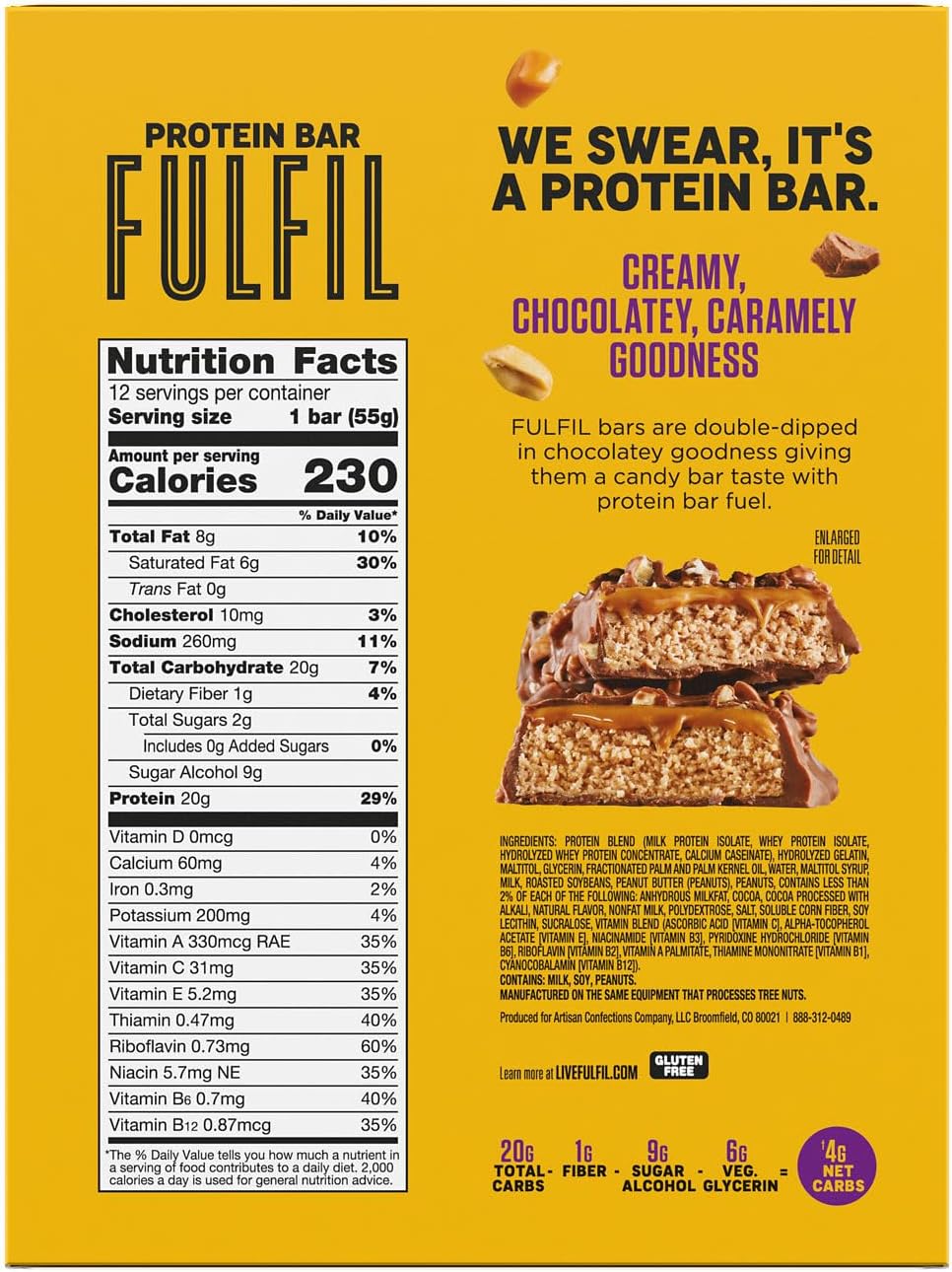 FULFIL Protein Bars, Chocolate Peanut Caramel Flavored, Gluten Free with 20g Protein, Pantry Staples, 12 Count