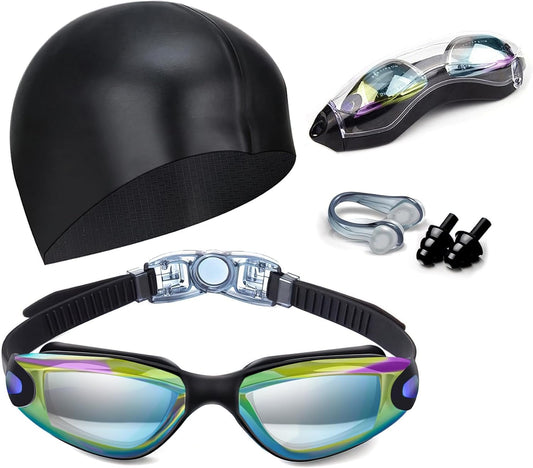 Swim Goggles Swimming Goggles No Leaking with Nose Clip, Earplugs, Swim Cap and Case for Men Women