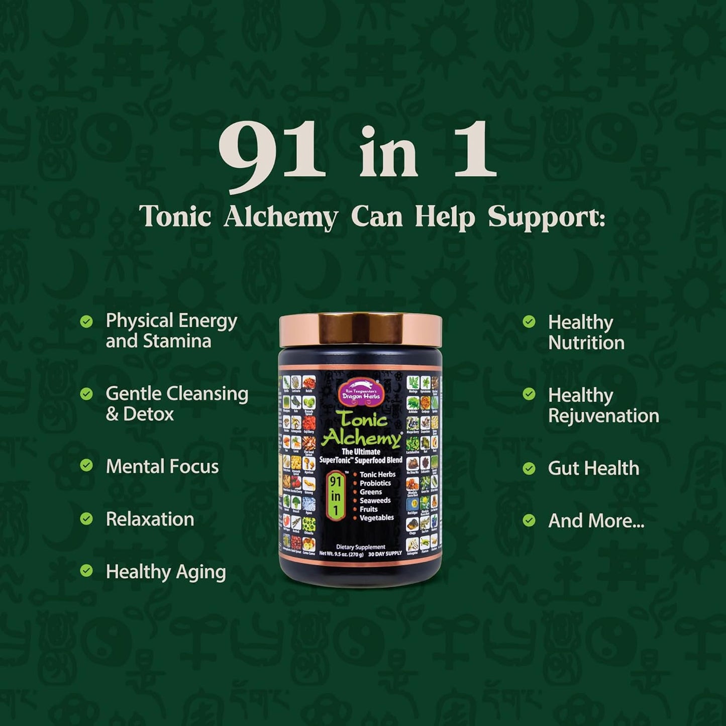 Dragon Herbs Tonic Alchemy Superfood Greens Powder - Single Serve Packet - 91 Ingredients: Tonic Herbs, Ashwagandha, Mushrooms, Prebiotics, Probiotics, Super Greens, Seaweeds, Fruits, Spirulina