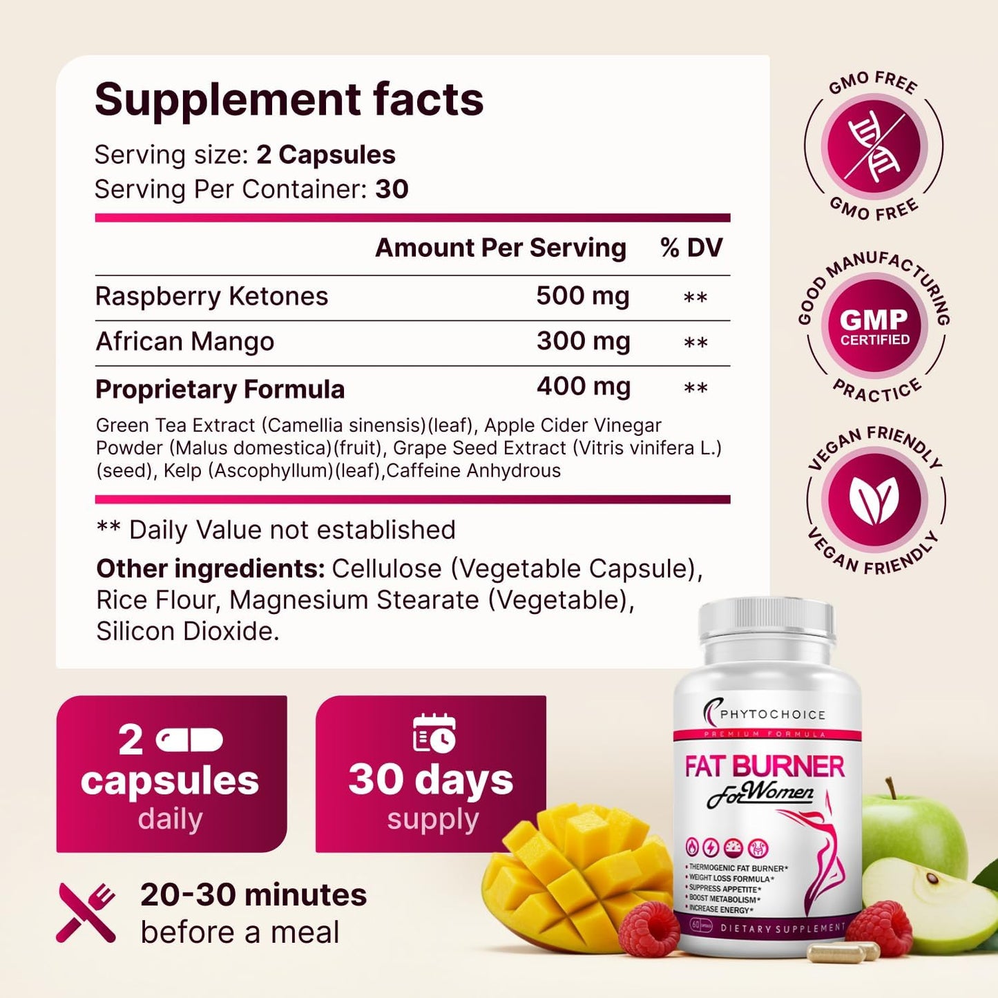 Raspberry Ketones Supplement for Women - Raspberry Ketones, Green Tea & African Mango - Fat Burner Diet Pills That Work Fast for Women, All-Natural Weight Loss Vitamins, Supports Bloating & Metabolism
