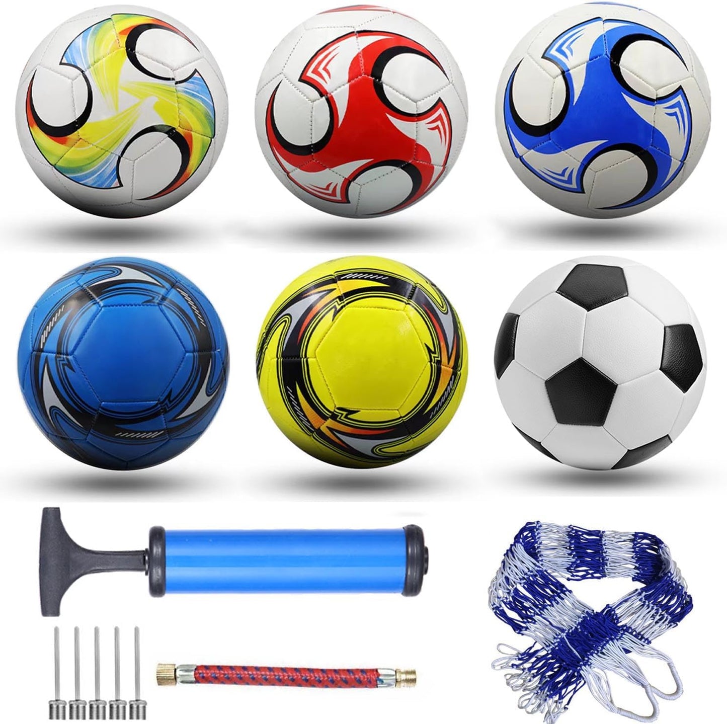 6 Pack Classic Soccer Balls Size 5 With Pump and Net Bag - Training and Practice for Kids and Adults, Indoor and Outdoor Competition