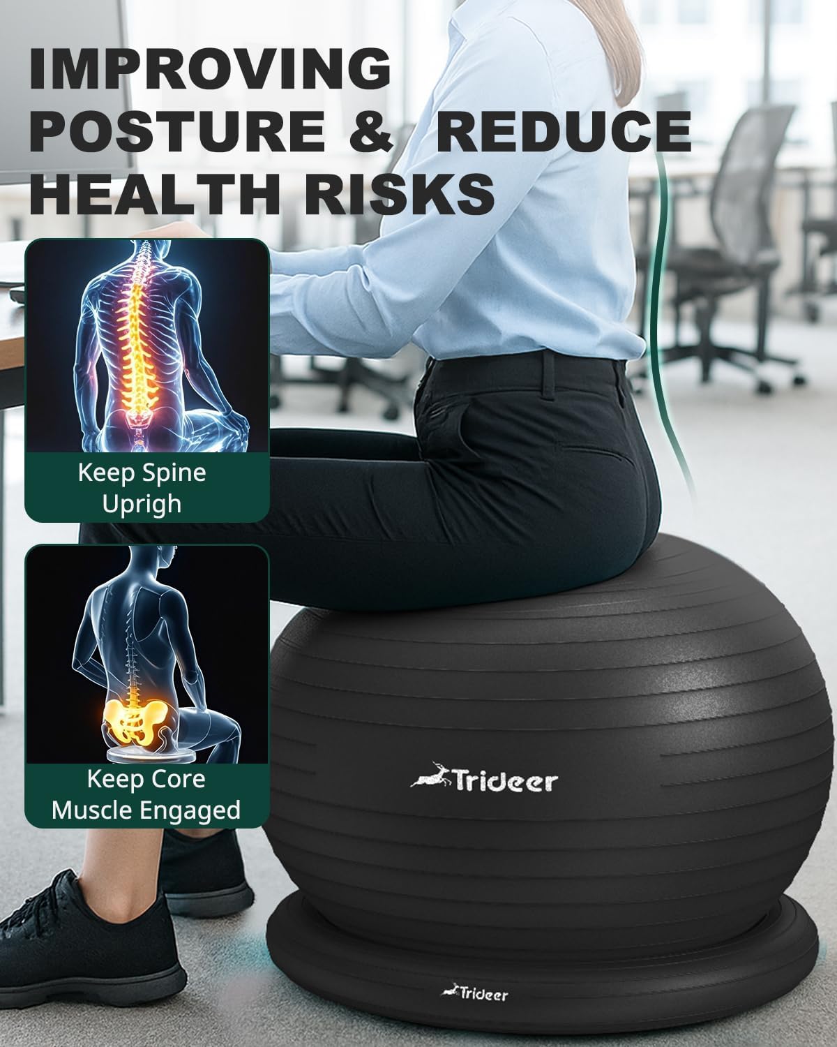 Trideer Exercise Yoga Ball Chair with Base for Home Office Desk, Stability & Fitness Ball Seat to Relieve Back Pain, Home Gym Workout for Abs, Pregnancy Ball with Pump