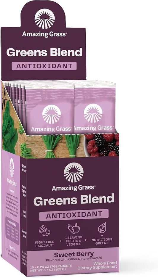 Amazing Grass Greens Blend Antioxidant: Super Greens Powder with Spirulina, Beet Root Powder, Elderberry, Prebiotics & Probiotics, Sweet Berry, 15 Servings (Packaging May Vary)