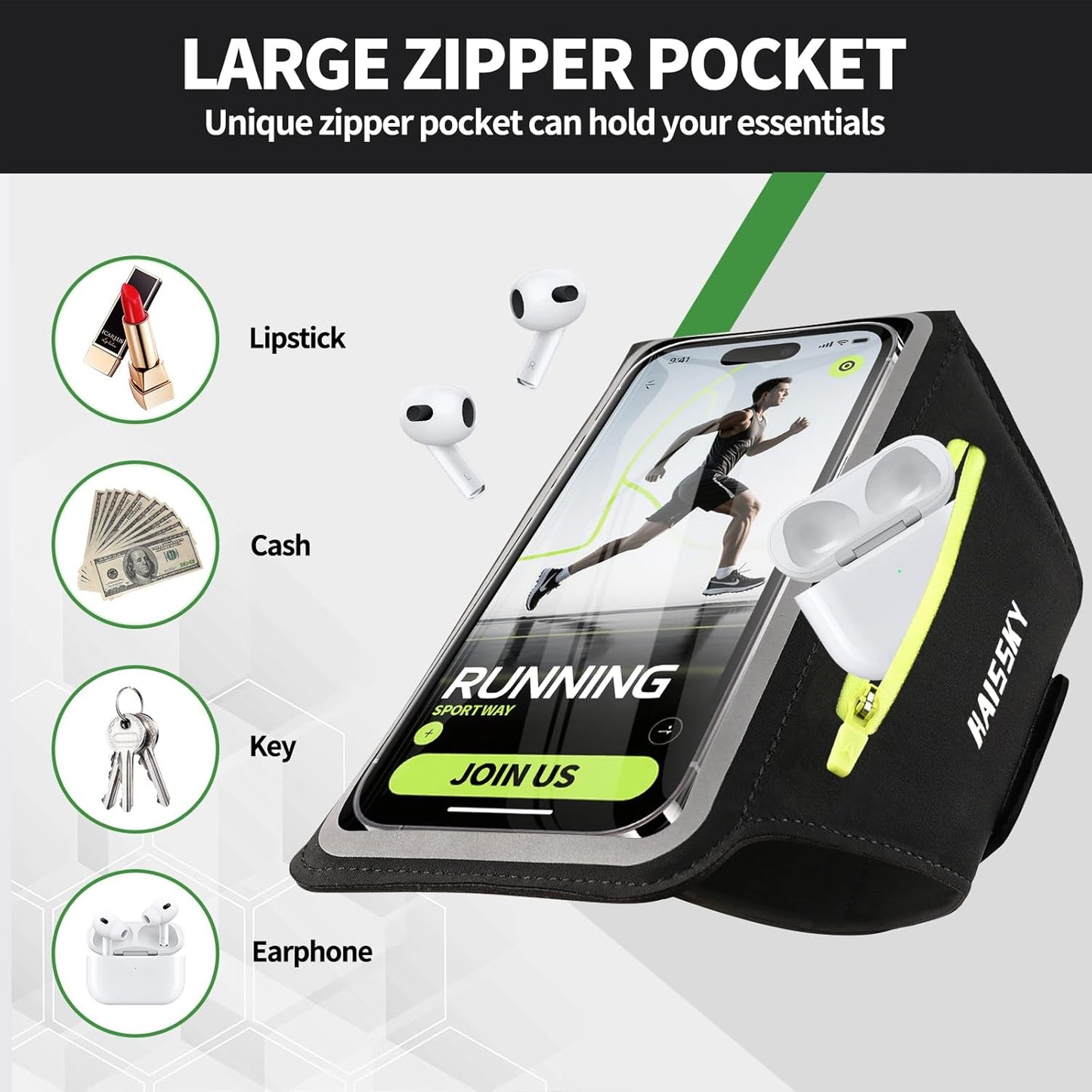 Running Armband with Earphone Bag for iPhone 16/15/14 Max/Pro/Plus & Galaxy S20/S10, Touchscreen Compatible, Phone Holder for Running with Card Slot & Key Pockets, Fit Up to 6.9 Phone