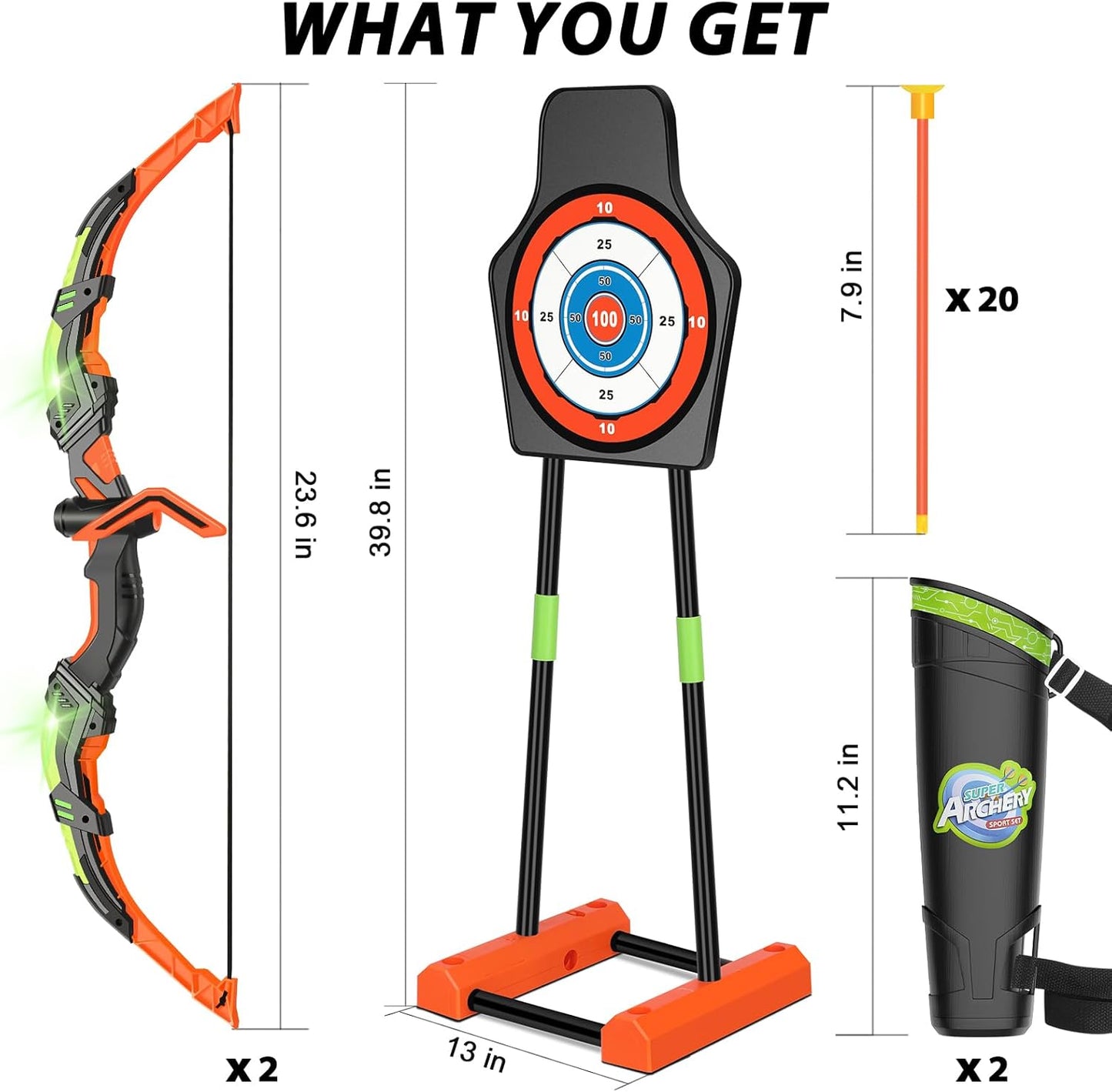 Bow and Arrow for Kids 8-12, Upgraded Kids Archery Set with Automatic Moving Target, Sport Game Toy with 20 Suction Cup Arrows 2 Led Light Bows&Quivers, Gift for Boy Girl Age 3 4-6 10(2Pack)