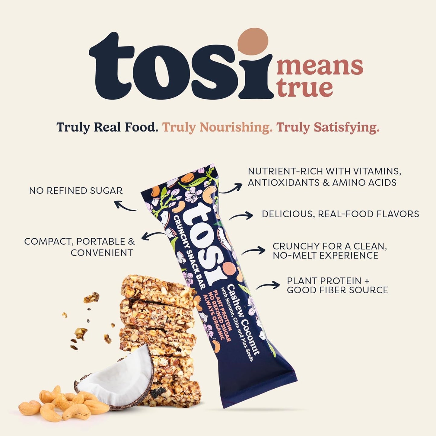 Tosi Cashew Coconut Protein Bars - Crunchy Nut & Seed Vegan Snack Bars, Gluten Free, 6g Plant Based Protein, Organic Flax, Chia, Sesame Seeds, Omega 3s, Low in Sugar, Dairy Free, No Soy - 1 oz 12-Pack