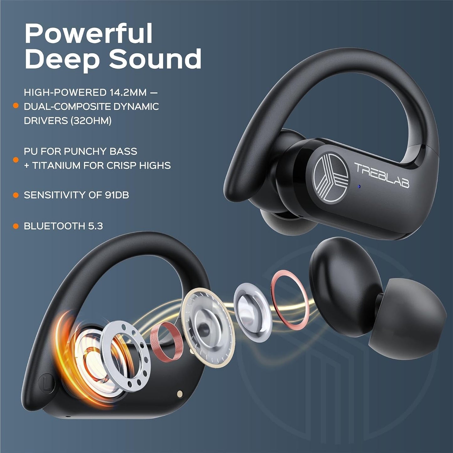 TREBLAB X3 Pro - Ultra Comfortable Earhooks, Pure-HD Sound, Punchy Bass, 145H Battery, Waterproof & Sweatproof Bluetooth Earbuds, Mics for Calls, True Wireless Ear Buds for Sports Workout Running