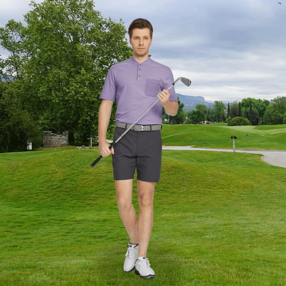 M MAELREG Collarless Golf Shirts for Men Dry Fit Moisture Wicking Performance Solid Casual Mens Henley Shirts Short Sleeve