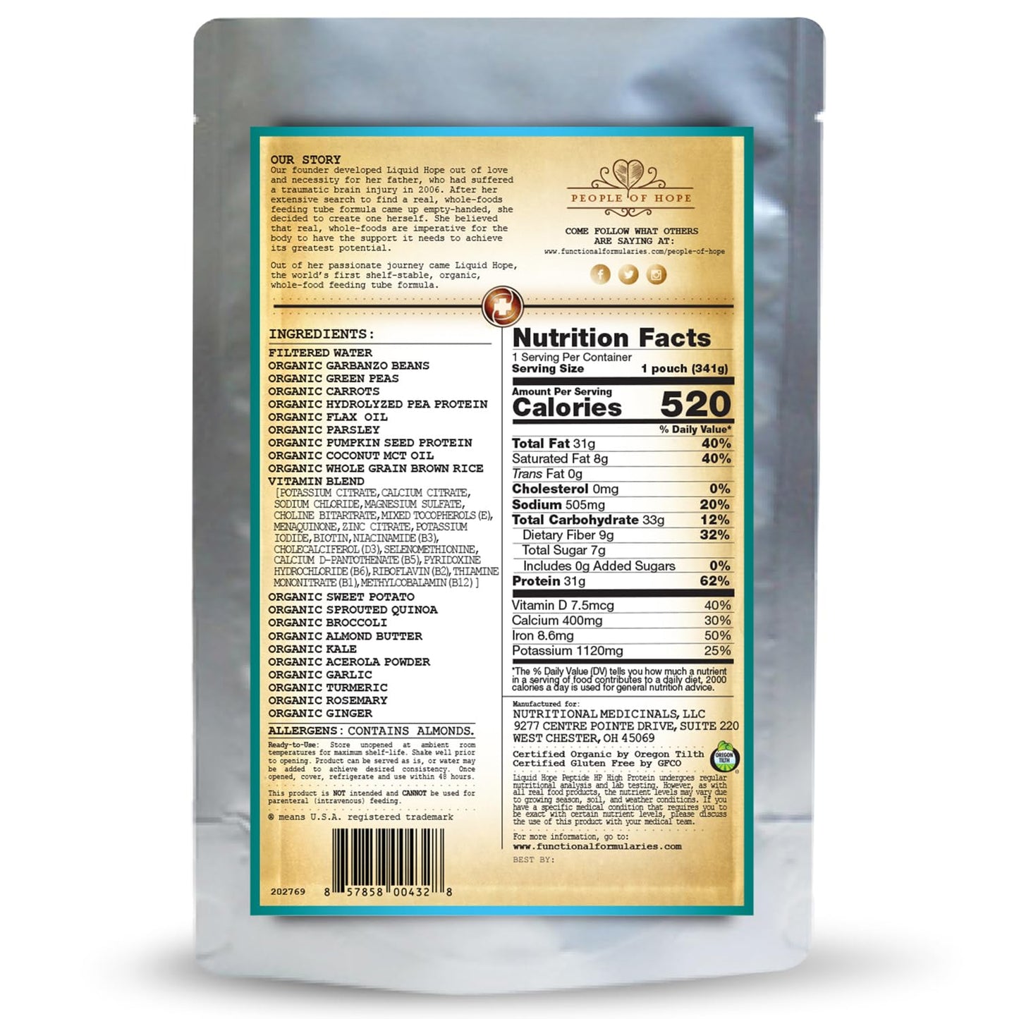 Functional Formularies Liquid Hope Peptide High Protein Organic Tube Feeding Formula and Nutritional Meal Replacement Supplement, 12 Oz Pouch, Pack of 24