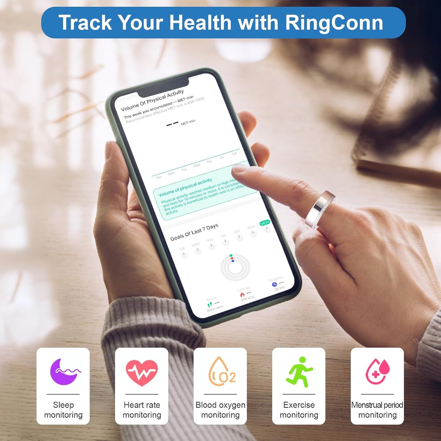Health Tracker Smart Ring for Men Women-IP68 Waterproof Sleep Tracker with Heart Rate/Blood Pressure/Blood/Physiological Cycle/Oxygen Tracking, Step Counter, iOS & Android Compatible (8#)